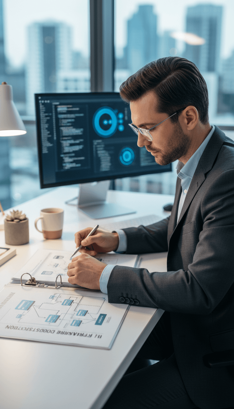 IT consultant reviewing enterprise infrastructure strategy at desk