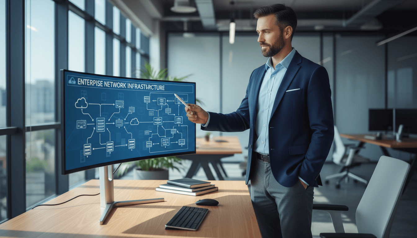 IT consultant reviewing infrastructure optimization strategy on monitor in modern office