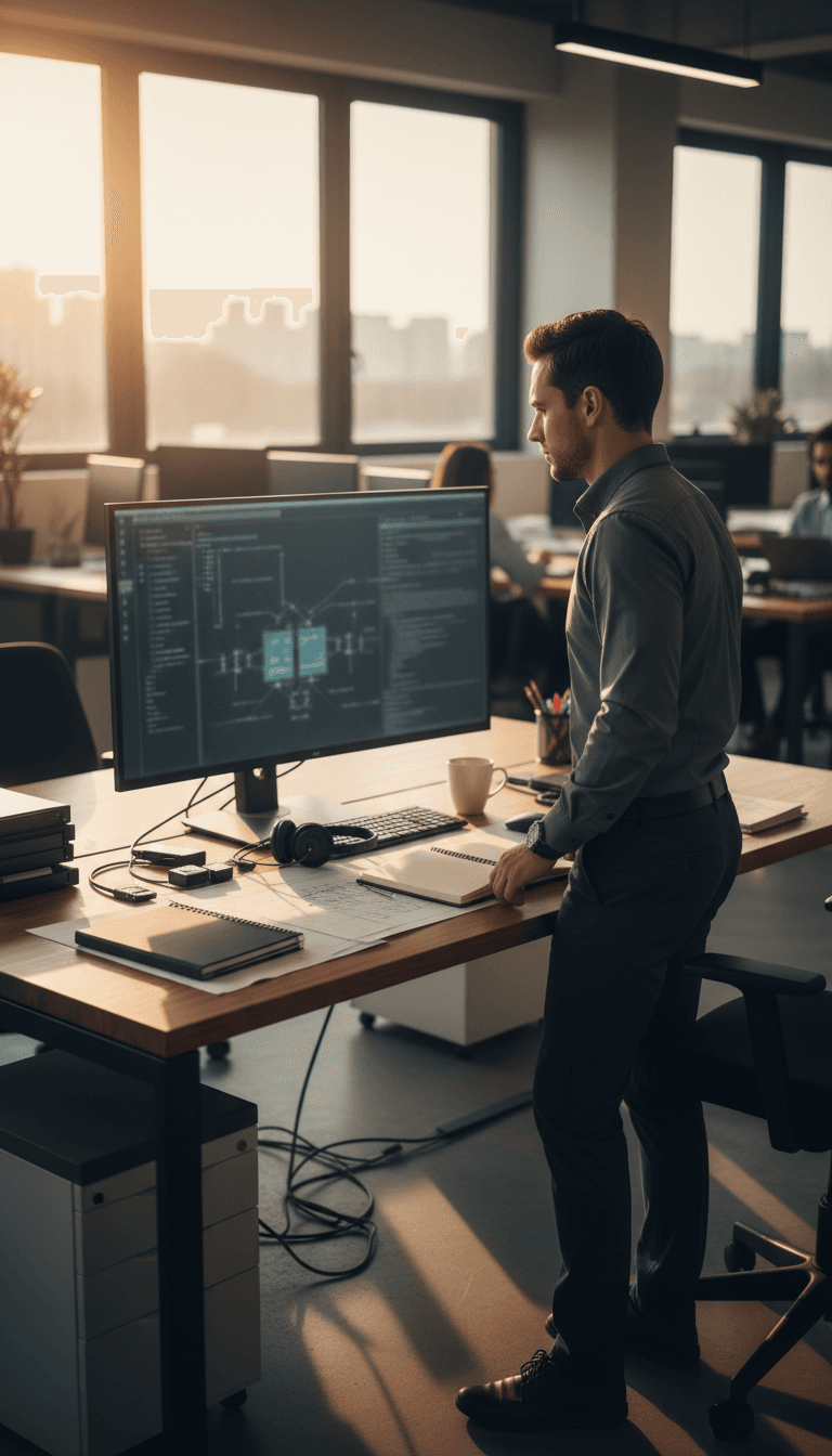 IT consultant reviewing enterprise infrastructure on desktop monitor