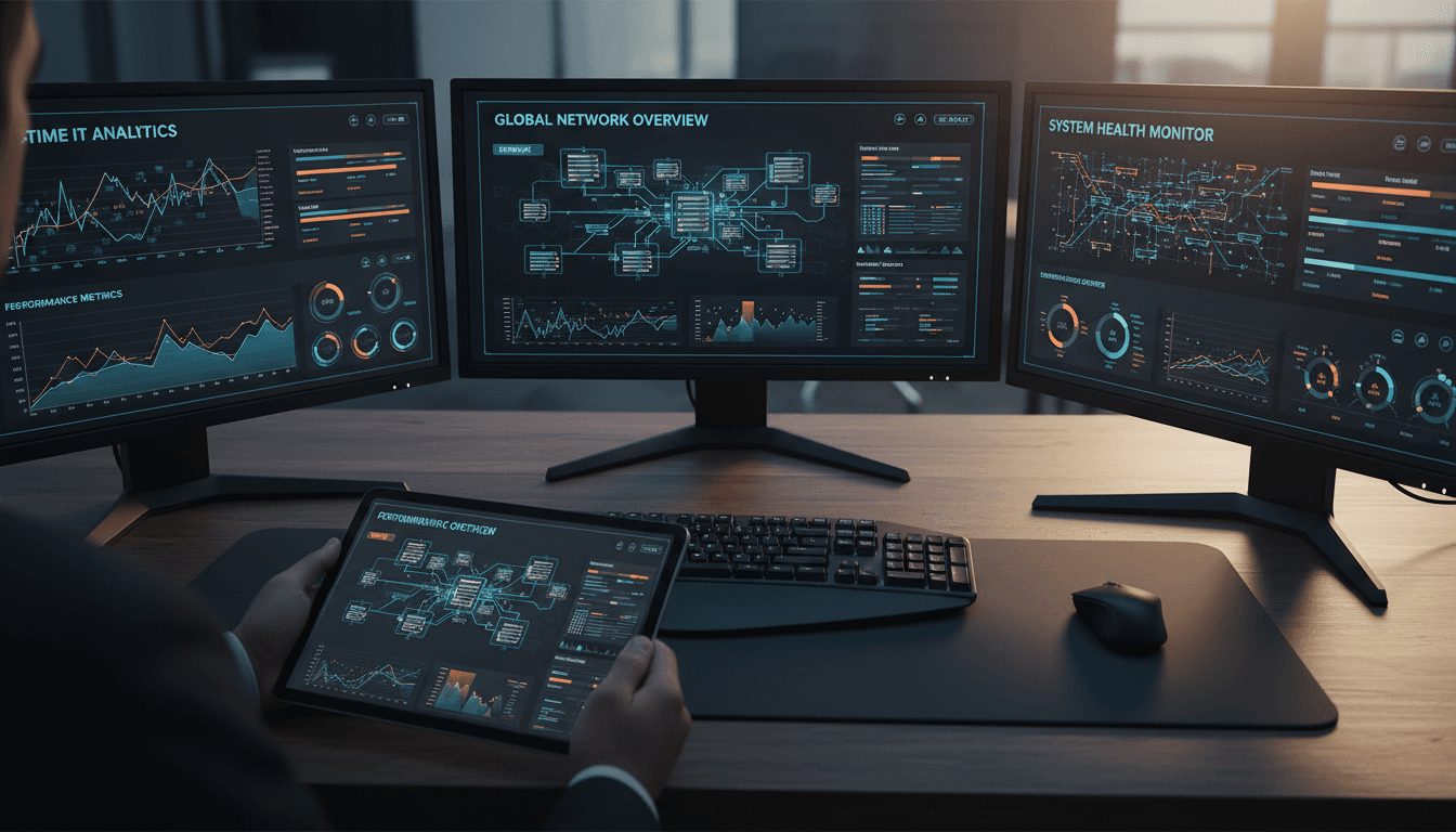 Enterprise IT professional monitoring network infrastructure on multiple displays with analytics dashboards